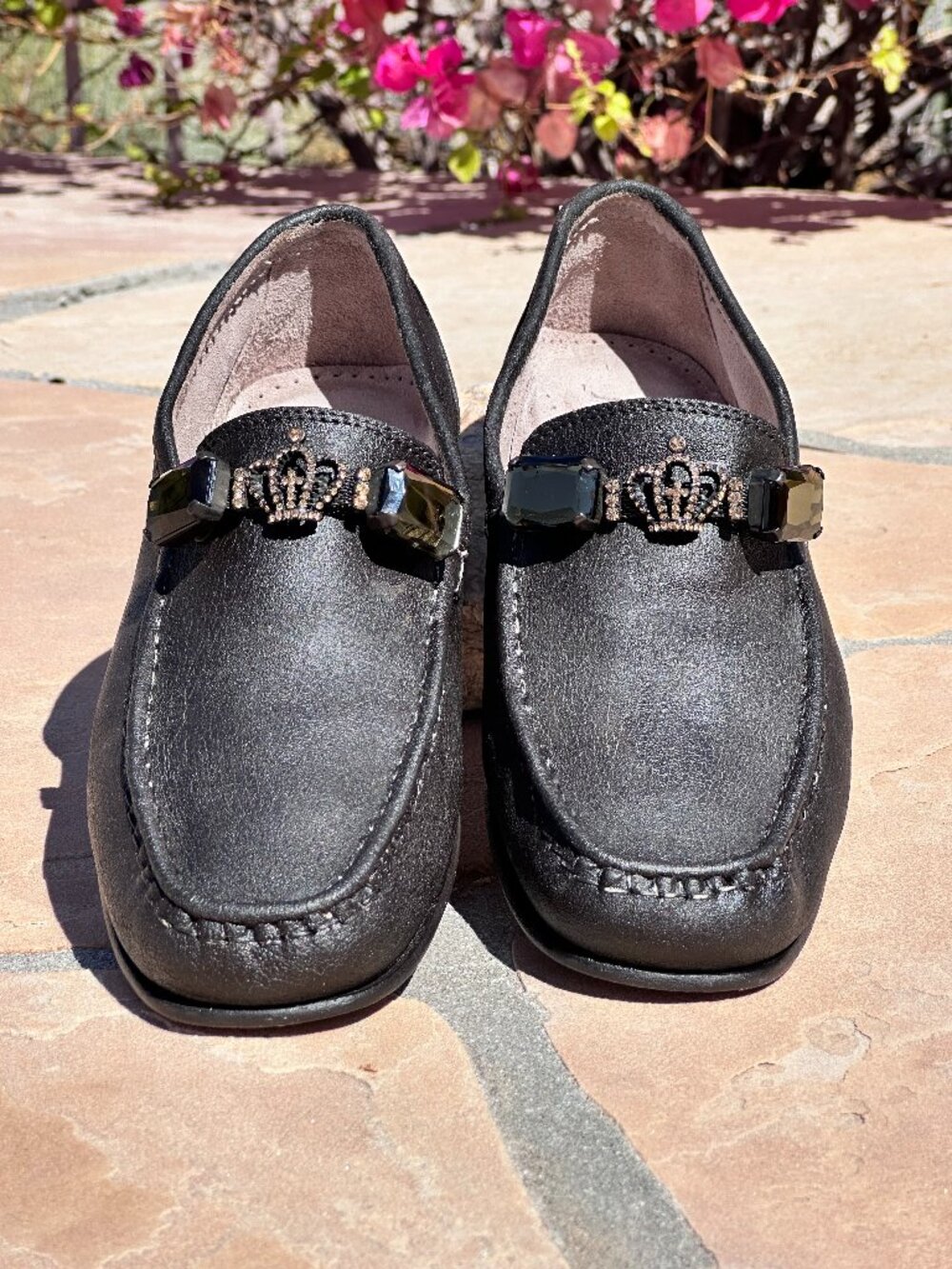 Italian Leather Crown Crystal Loafers Black Size 40 Vero Cuoio Embellished